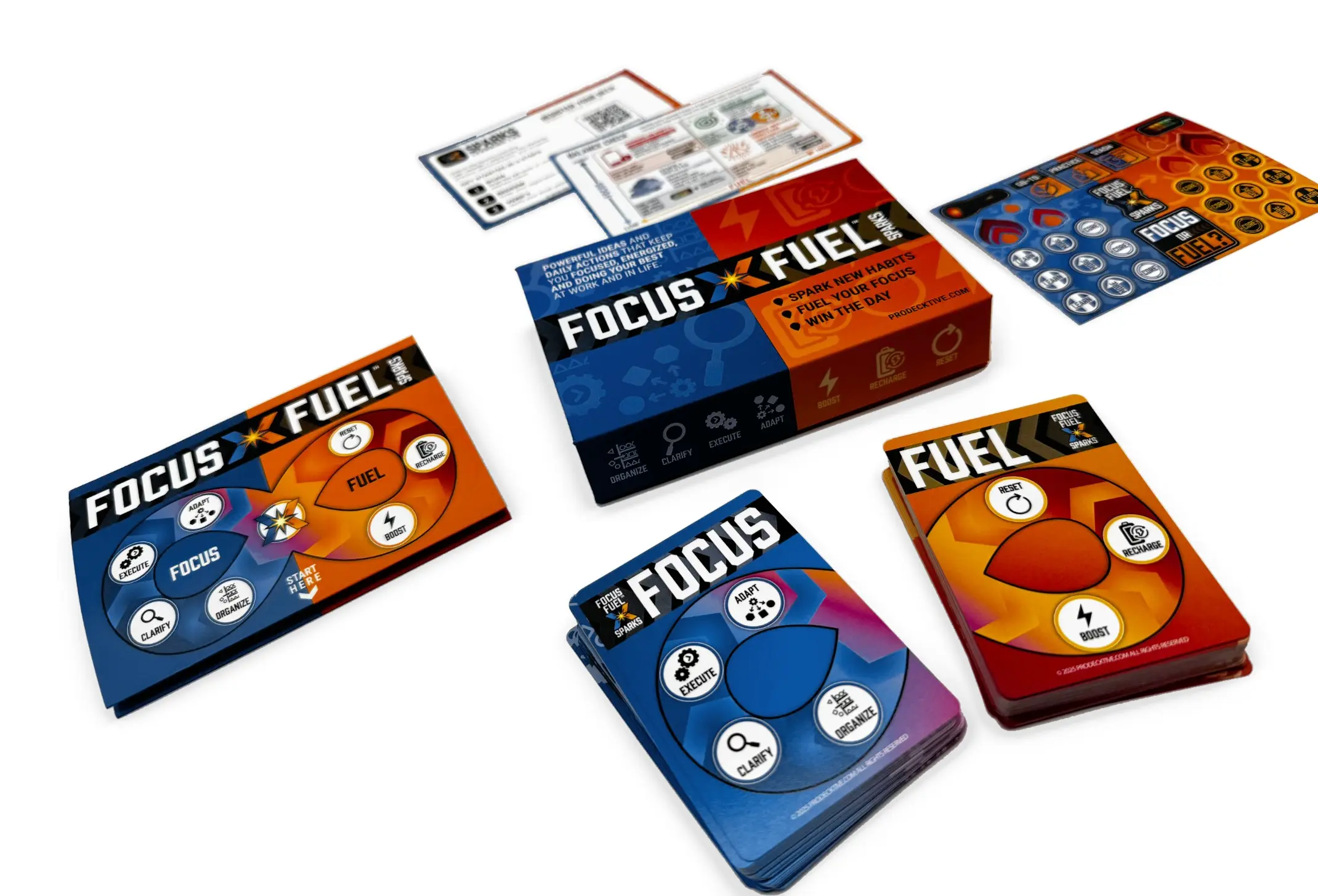Focus Fuel Sparks toolkit with physical cards and its storage box