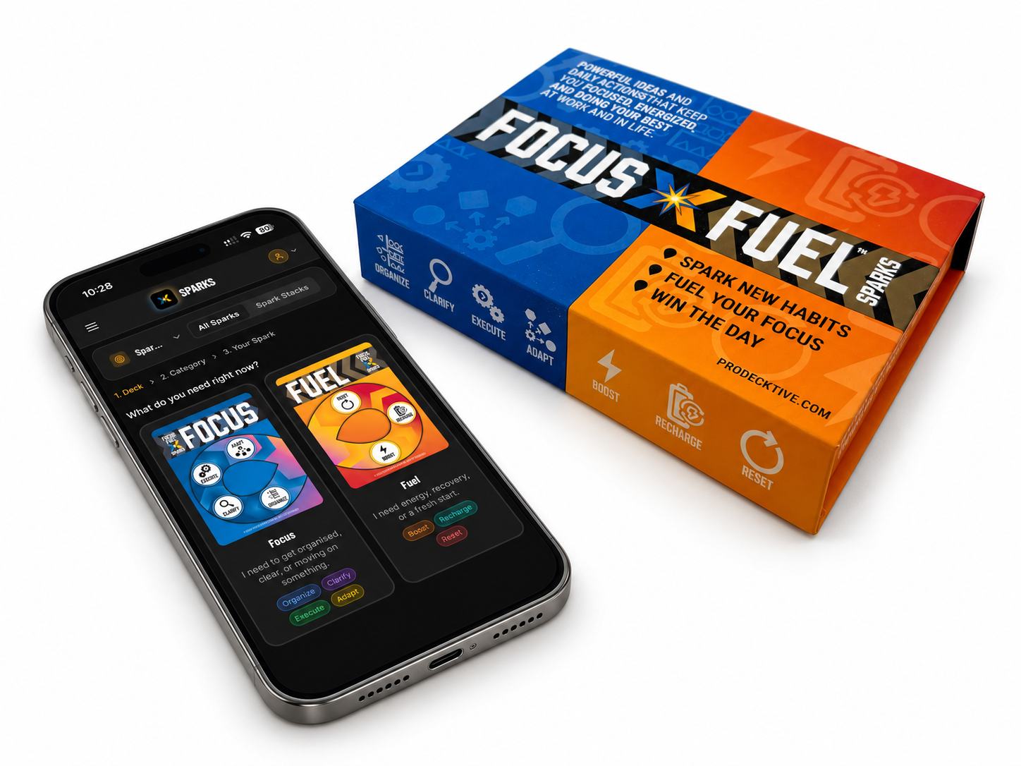 Focus Fuel Sparks box beside a smartphone showing the Focus and Fuel decks in the Sparks Learning Lab