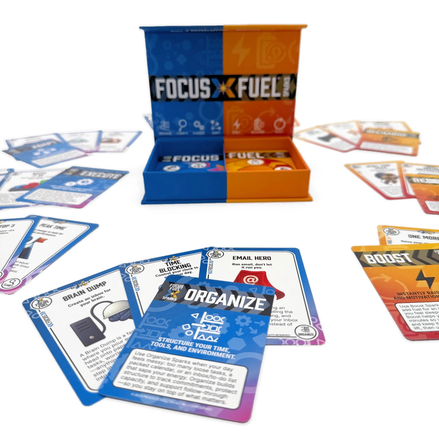 Focus Fuel Sparks toolkit with physical cards and its storage box