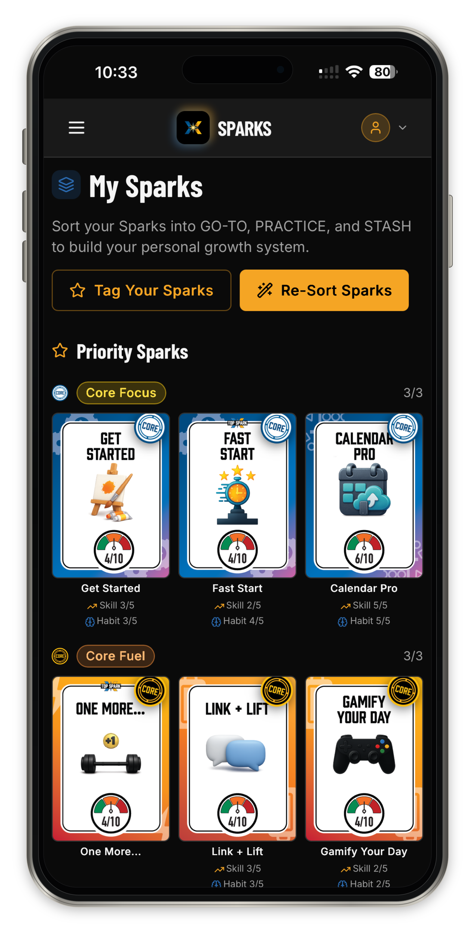 Your Sparks. Your system. shown in an iPhone mockup